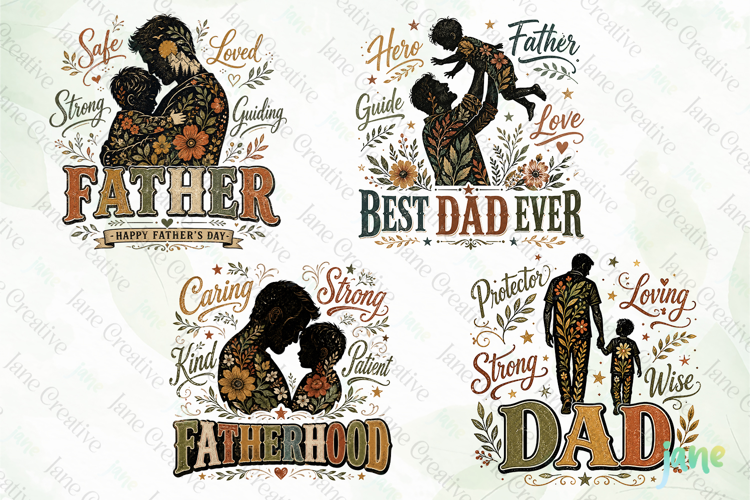 Retro Vintage Floral Father's Day PNG