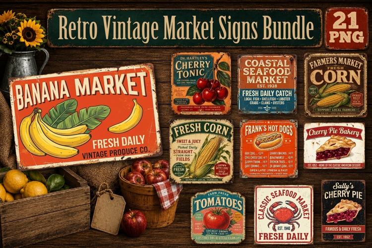 Retro Vintage Market Signs Bundle