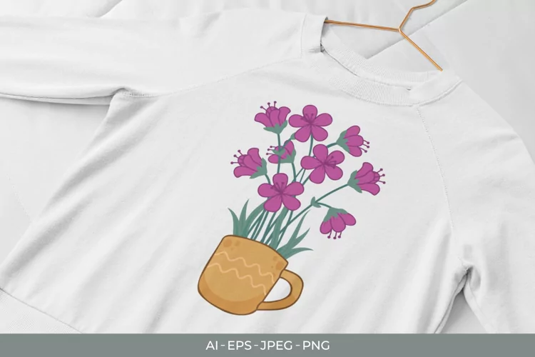 Lovely Purple Flowers in a Clay Mug for Shirt and Tote Bag