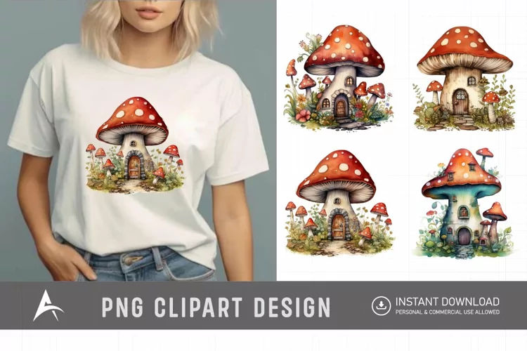 Retro Watercolor Mushroom House Clipart
