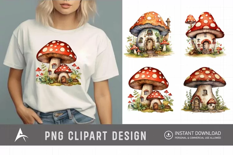Retro Watercolor Mushroom House Clipart