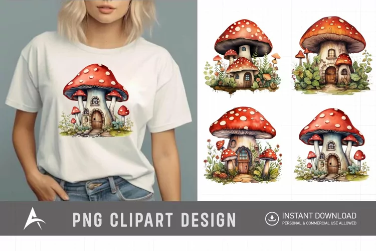 Retro Watercolor Mushroom House Clipart
