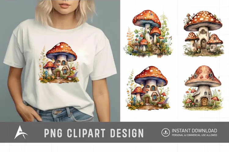 Retro Watercolor Mushroom House Clipart