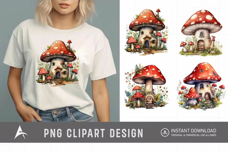 Retro Watercolor Mushroom House Clipart