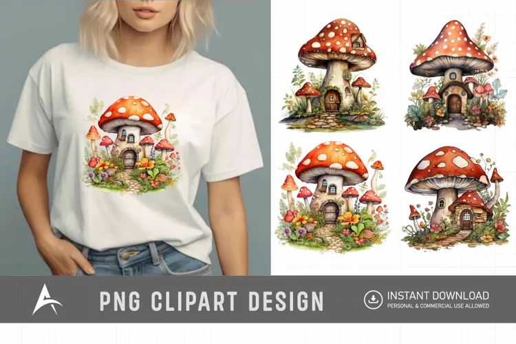 Retro Watercolor Mushroom House Clipart