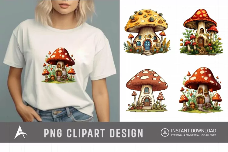 Retro Watercolor Mushroom House Clipart