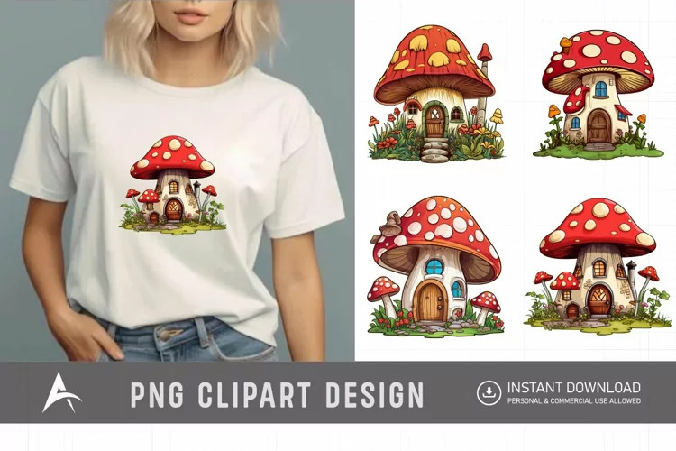 Retro Watercolor Mushroom House Clipart