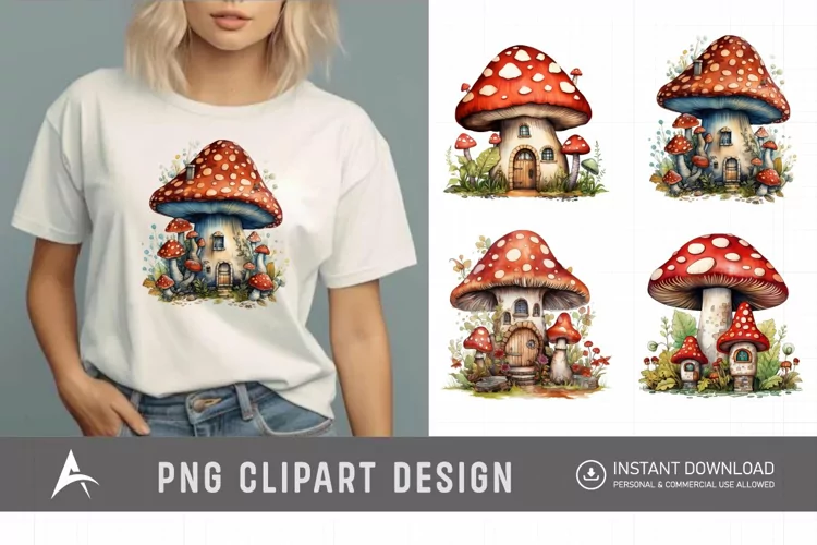 Retro Watercolor Mushroom House Clipart