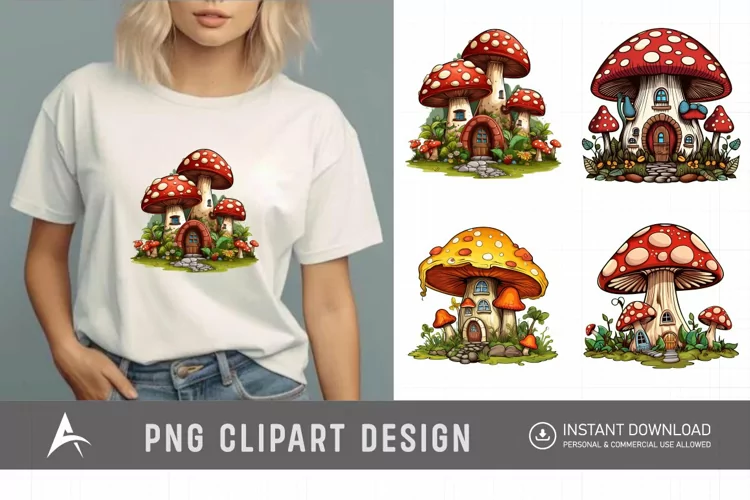 Retro Watercolor Mushroom House Clipart