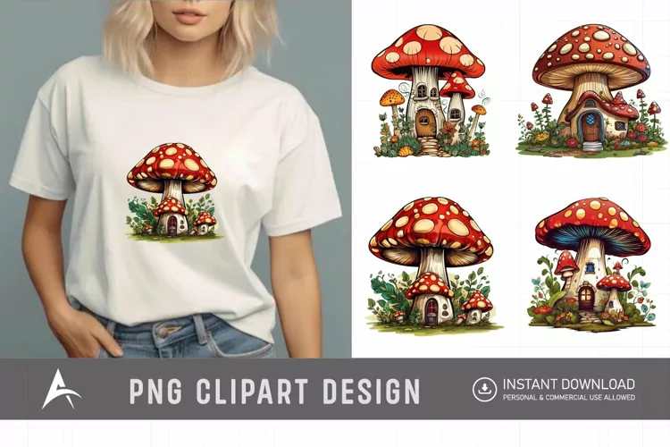 Retro Watercolor Mushroom House Clipart