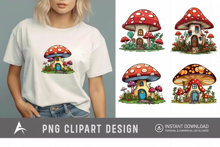Retro Watercolor Mushroom House Clipart
