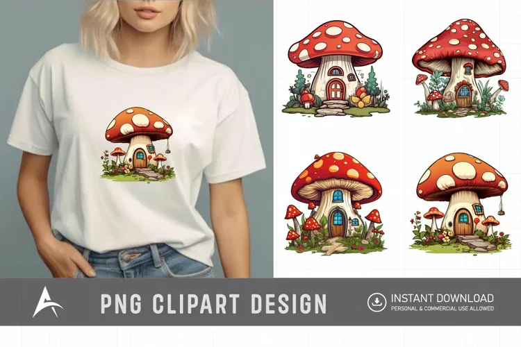Retro Watercolor Mushroom House Clipart
