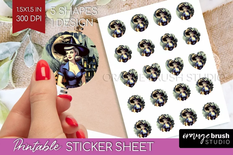 Witch Round Sticker - Retro Halloween Printable Sticker