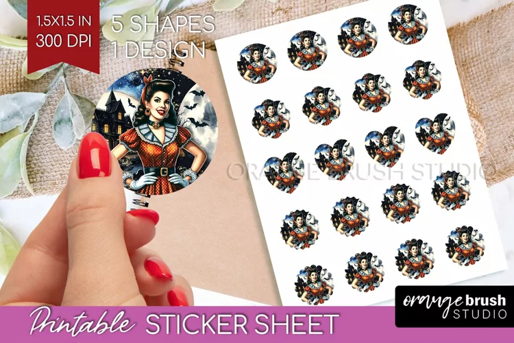 Witch Round Sticker - Retro Halloween Printable Sticker