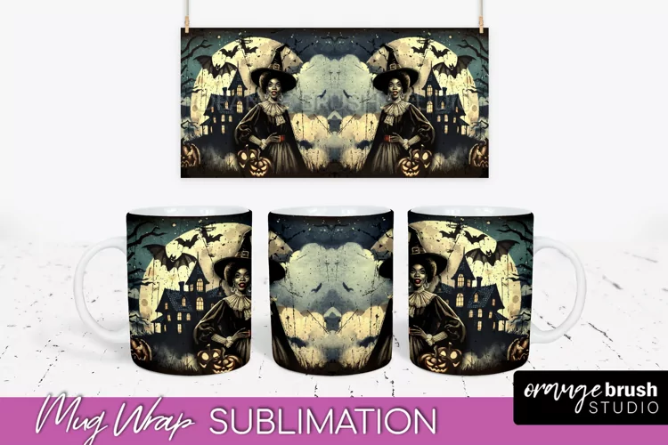 Retro Witch Mug Wrap - Vintage Halloween Mug Sublimation