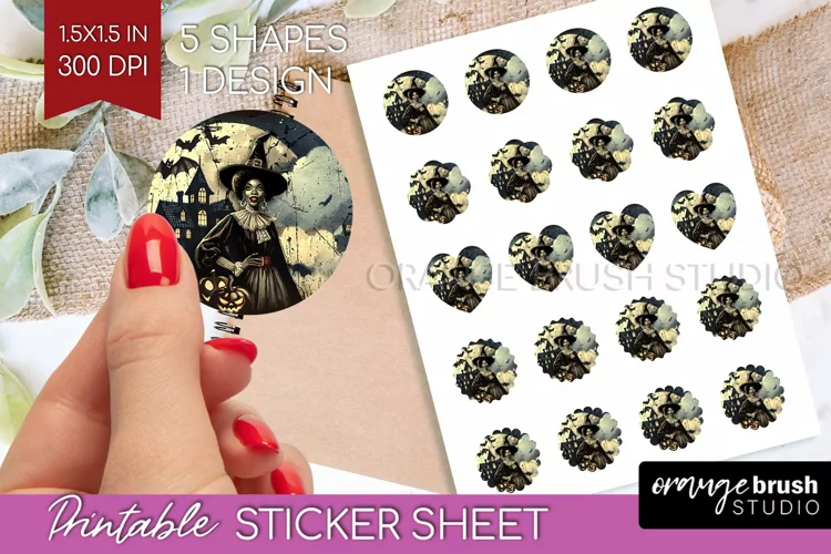 Witch Round Sticker - Retro Halloween Printable Sticker