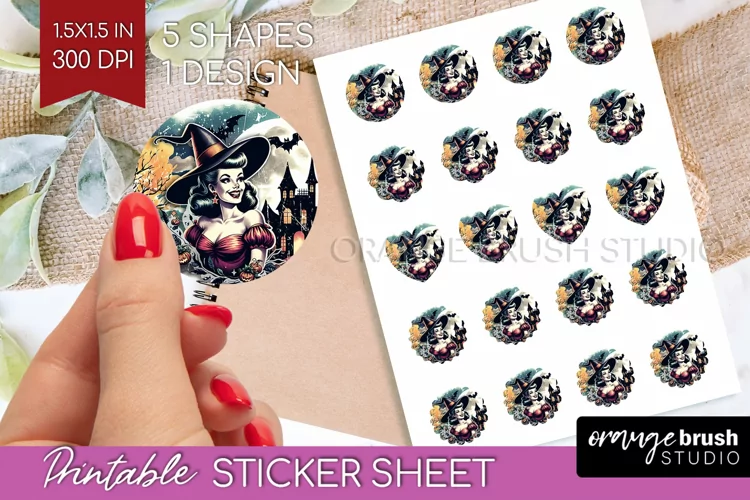 Witch Round Sticker - Retro Halloween Printable Sticker