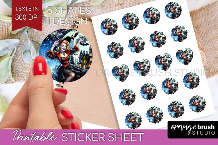 Witch Round Sticker - Retro Halloween Printable Sticker example image 1