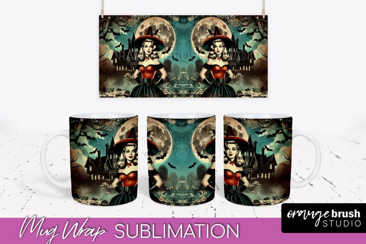 Retro Witch Mug Wrap - Vintage Halloween Mug Sublimation example image 1