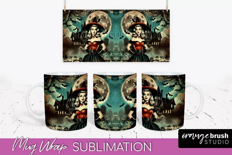 Retro Witch Mug Wrap - Vintage Halloween Mug Sublimation