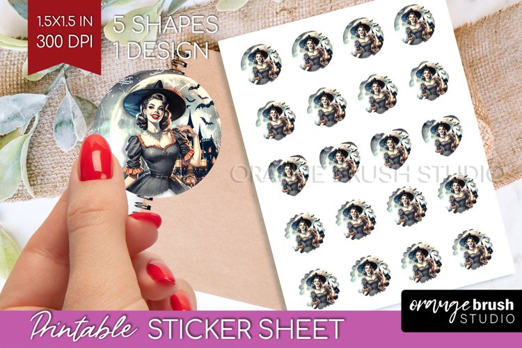 Witch Round Sticker - Retro Halloween Printable Sticker example image 1