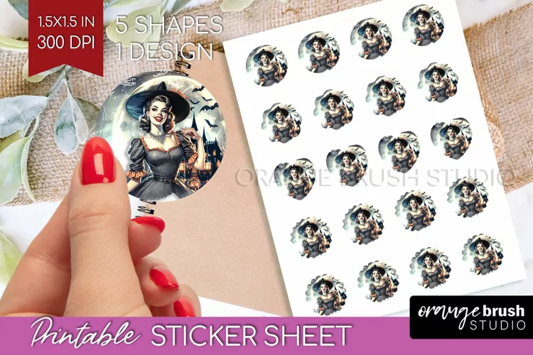 Witch Round Sticker - Retro Halloween Printable Sticker