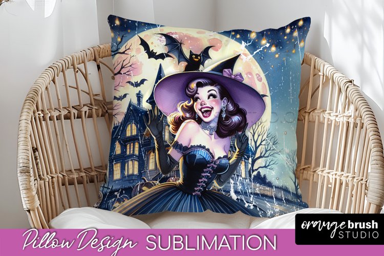 Retro Witch Pillow Cover - Halloween Pillow Sublimation PNG