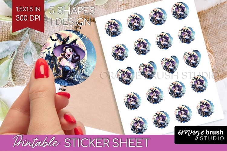 Witch Round Sticker - Retro Halloween Printable Sticker example image 1