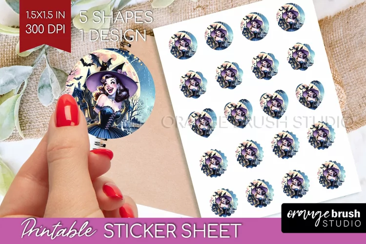 Witch Round Sticker - Retro Halloween Printable Sticker
