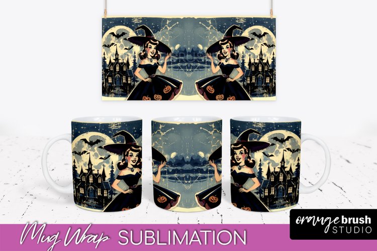 Retro Witch Mug Wrap - Vintage Halloween Mug Sublimation example image 1