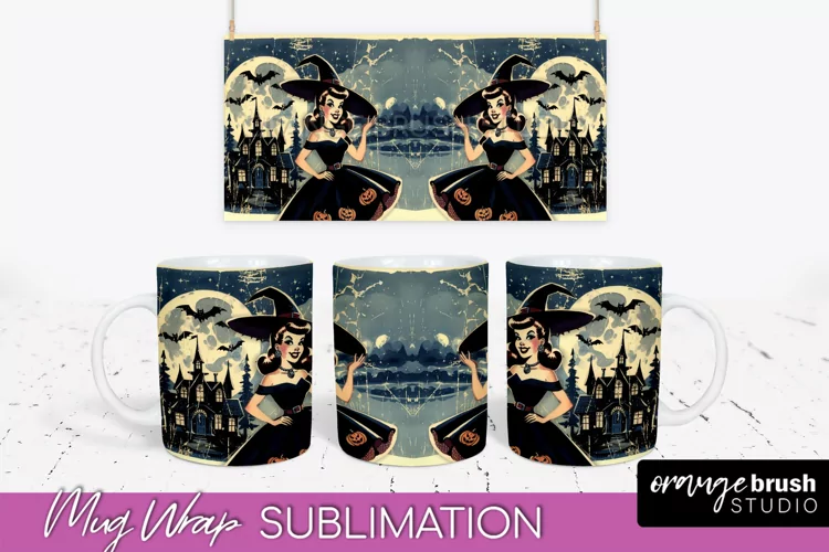 Retro Witch Mug Wrap - Vintage Halloween Mug Sublimation