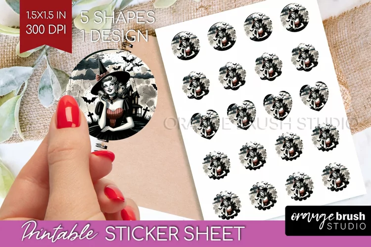Witch Round Sticker - Retro Halloween Printable Sticker