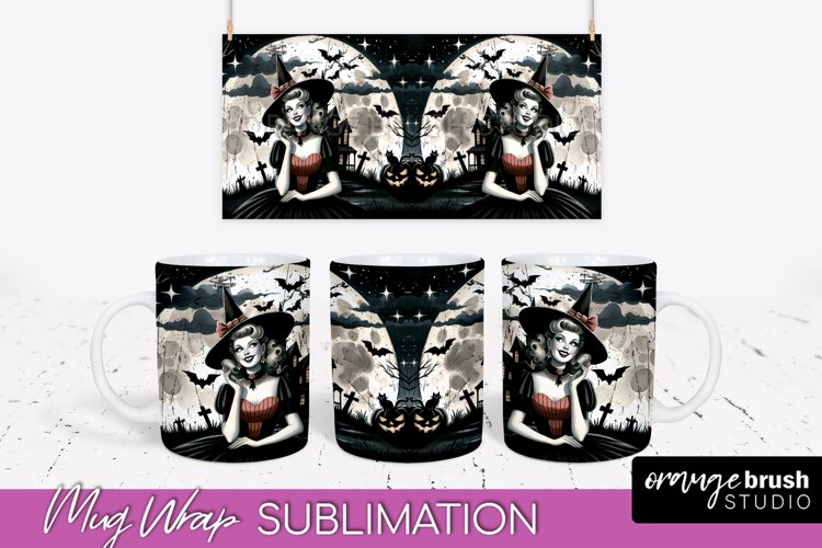 Retro Witch Mug Wrap - Vintage Halloween Mug Sublimation example image 1