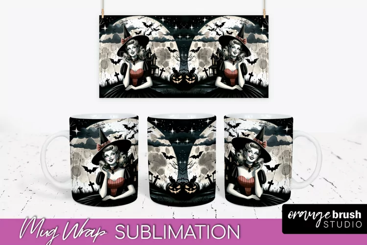 Retro Witch Mug Wrap - Vintage Halloween Mug Sublimation
