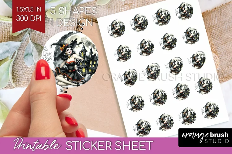 Witch Round Sticker - Retro Halloween Printable Sticker