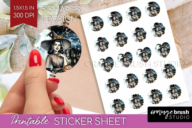 Witch Round Sticker - Retro Halloween Printable Sticker