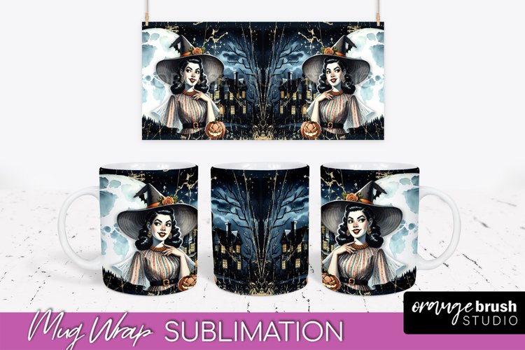 Retro Witch Mug Wrap - Vintage Halloween Mug Sublimation