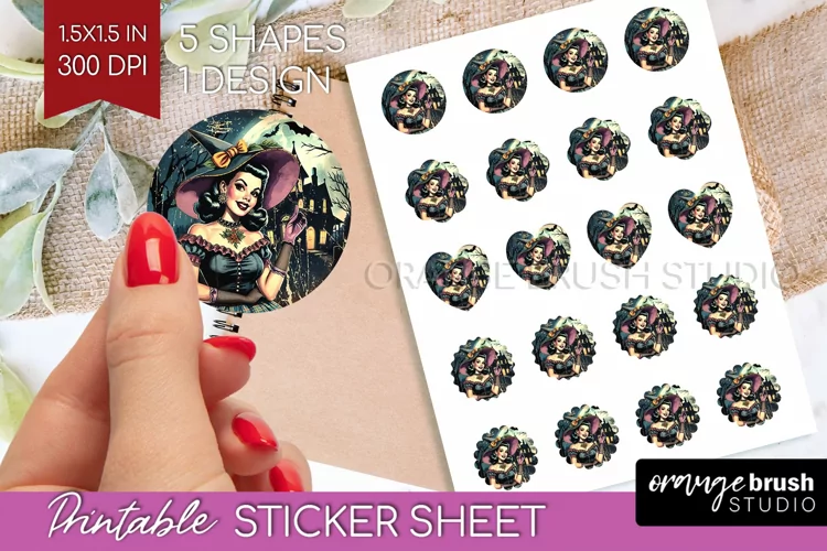 Witch Round Sticker - Retro Halloween Printable Sticker