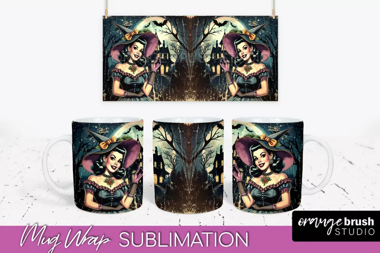 Retro Witch Mug Wrap - Vintage Halloween Mug Sublimation