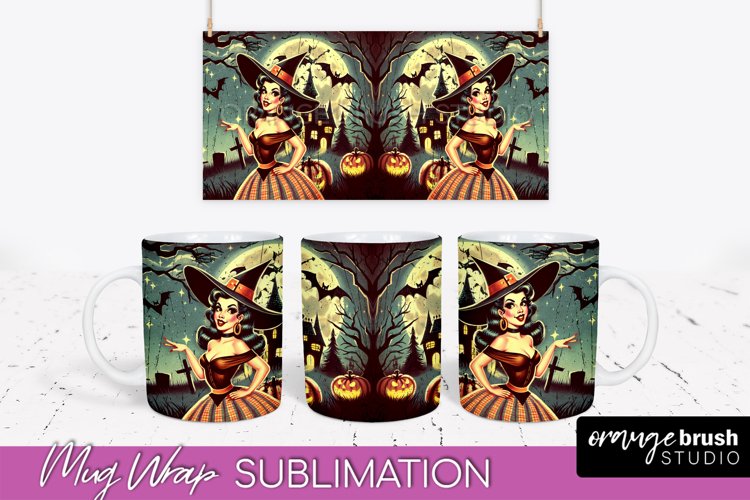 Retro Witch Mug Wrap - Vintage Halloween Mug Sublimation