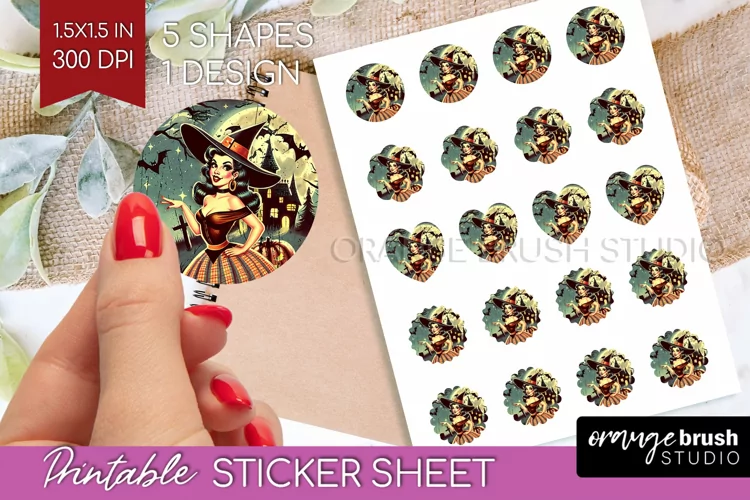 Witch Round Sticker - Retro Halloween Printable Sticker