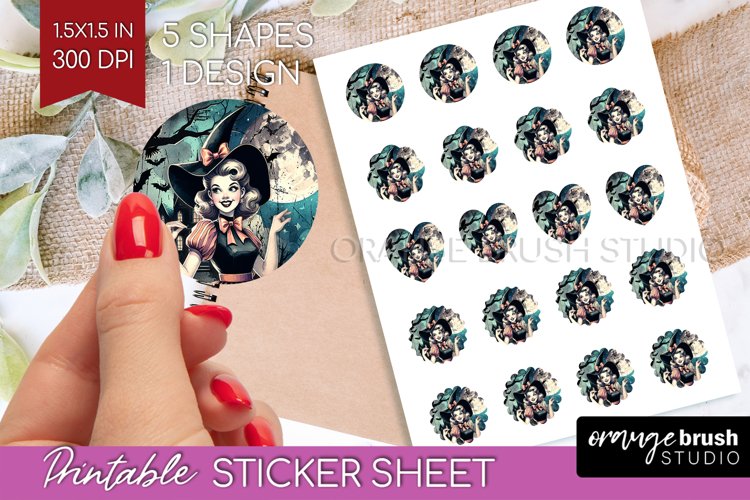 Witch Round Sticker - Retro Halloween Printable Sticker example image 1