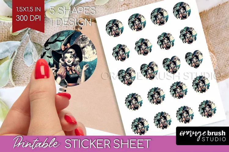Witch Round Sticker - Retro Halloween Printable Sticker