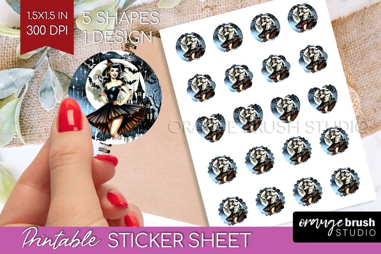 Witch Round Sticker - Retro Halloween Printable Sticker example image 1