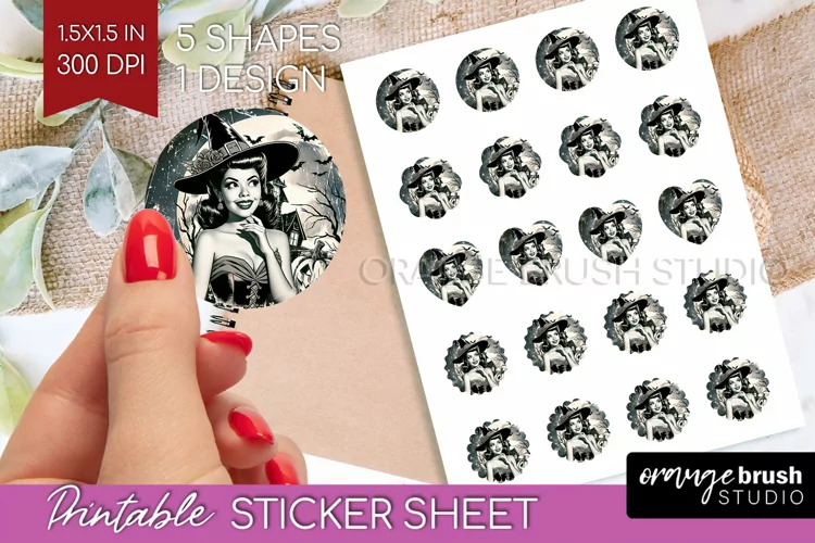 Witch Round Sticker - Retro Halloween Printable Sticker
