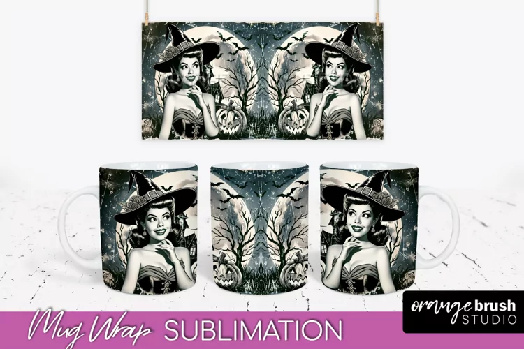 Retro Witch Mug Wrap - Vintage Halloween Mug Sublimation