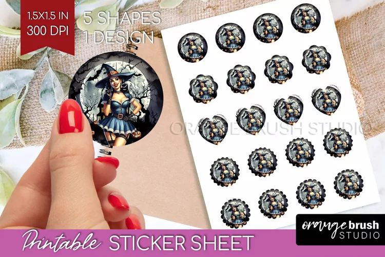Witch Round Sticker - Retro Halloween Printable Sticker