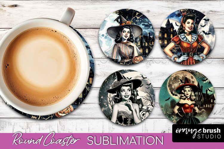 Retro Witch Round Coaster, Halloween Coaster Sublimation PNG