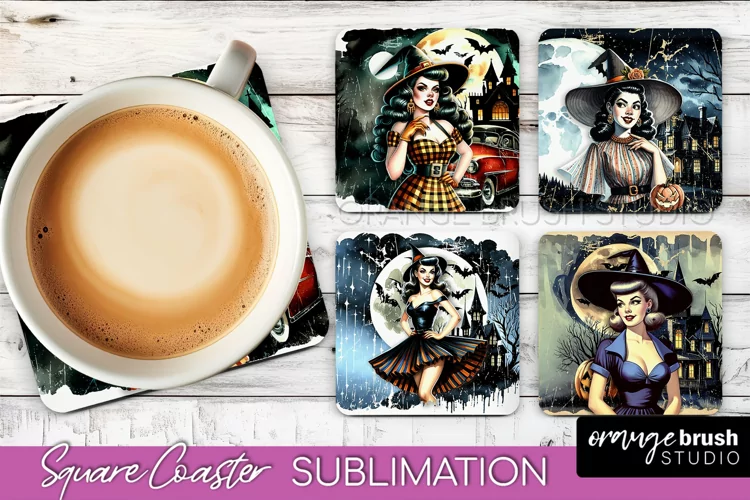 Retro Witch Square Coaster, Halloween Coaster Sublimation