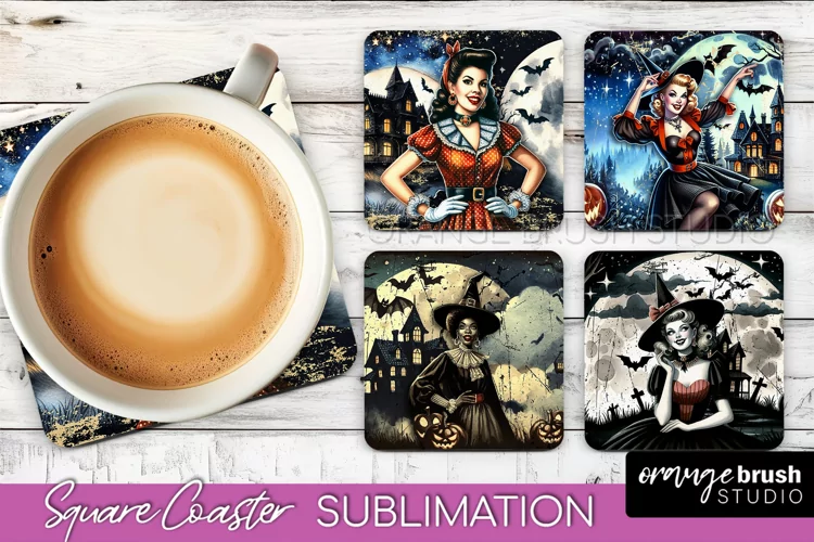 Retro Witch Square Coaster, Halloween Coaster Sublimation